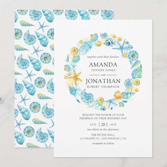 Convites Casamento Vida Marinha Azul e Amarelo (Frente/Verso)