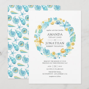Convites Casamento Vida Marinha Azul e Amarelo