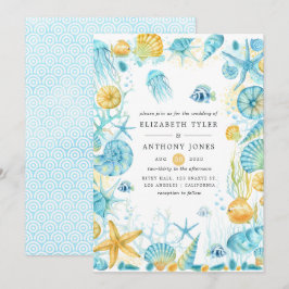 Convites Casamento Vida Marinha Azul e Amarelo