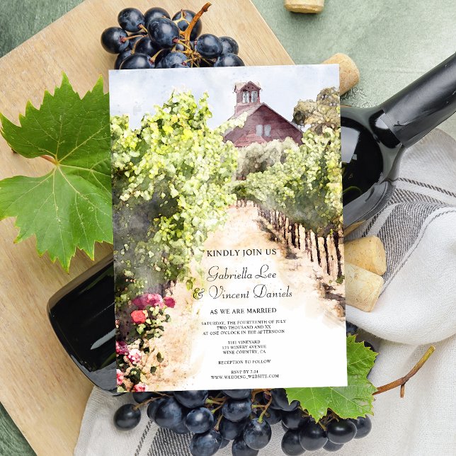 Convites Casamento Vineyard e Red Barn Watercolor (Pair with the matching rsvp cards to create a coordinated stationery set for your winery wedding.)