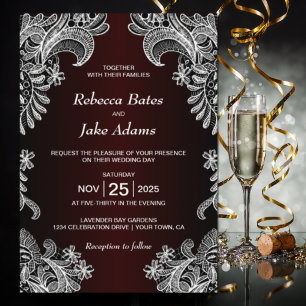 Convites Casamento Vinho Elegante Renda Branca