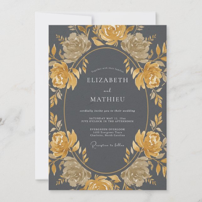 Convites Casamento Vintage Aristocrático Cinza Carvão (Frente)
