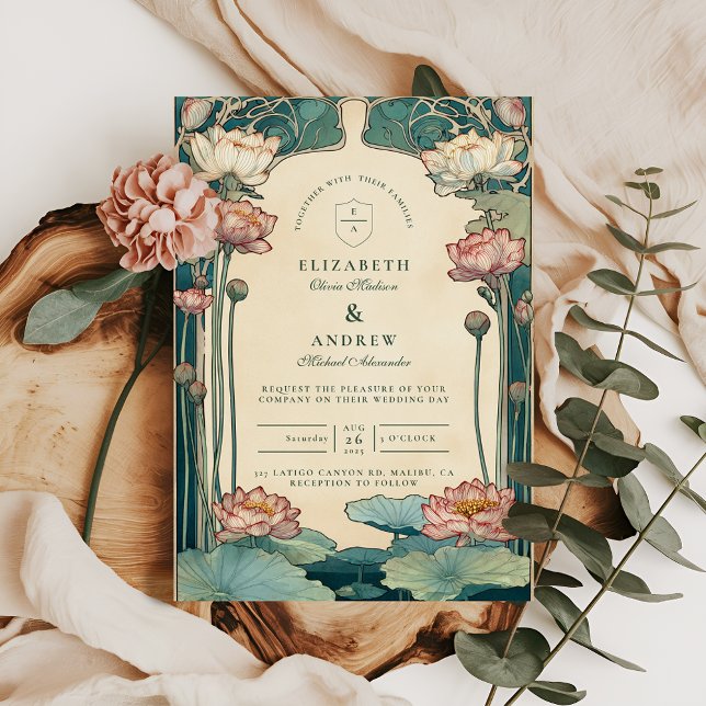 Convites Casamento Vintage Art Nouveau Lotus (Criador carregado)