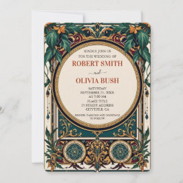 Convites Casamento Vintage Art Nouveau Verde Dourado 