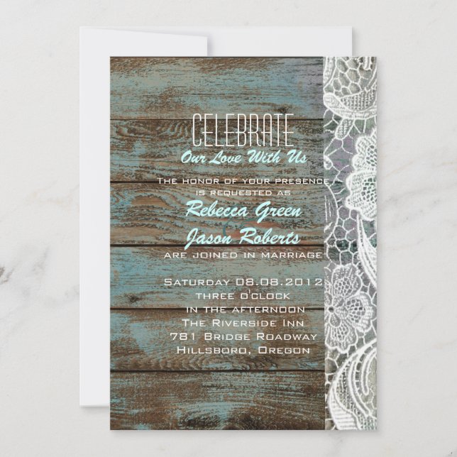 Convites casamento vintage azul celeiro madeira renda count (Frente)