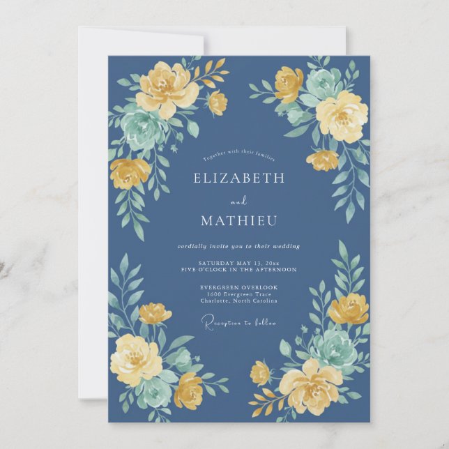 Convites Casamento Vintage Azul Marinho Elegante (Frente)