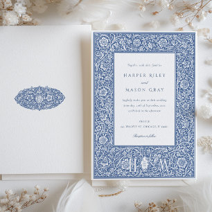 Convites Casamento Vintage Azul no Estilo William Morris
