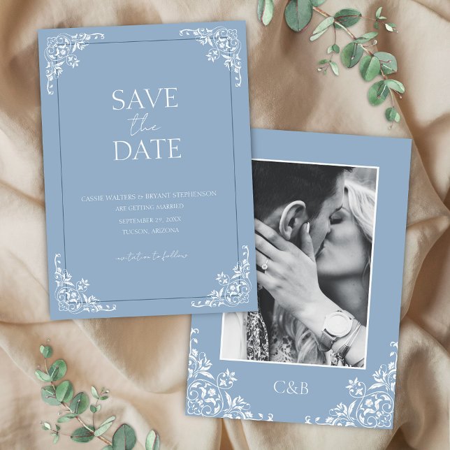 Convites Casamento vintage Azul Romântico Dusty (Elegant dusty blue save the date cards for wedding events with simple blue and white theme)