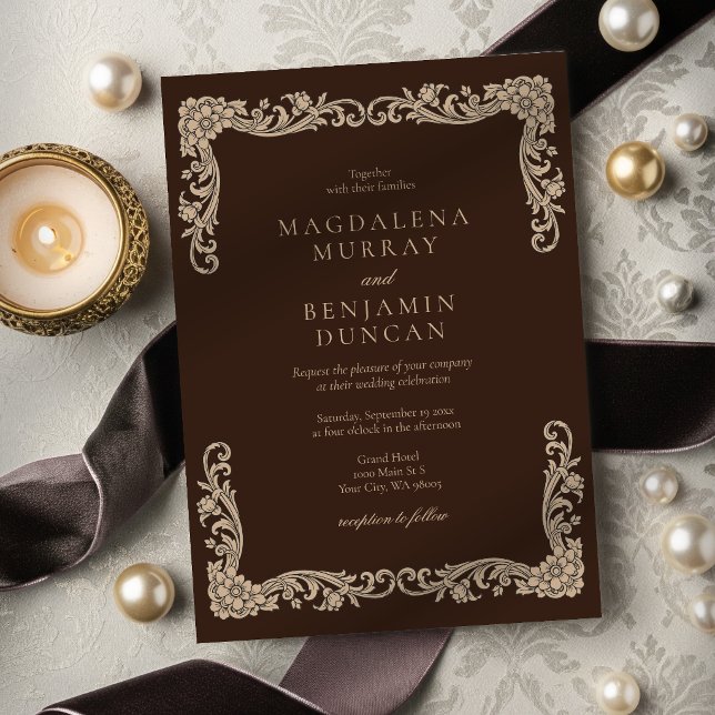 Convites Casamento Vintage Baroque Café e Creme (Criador carregado)