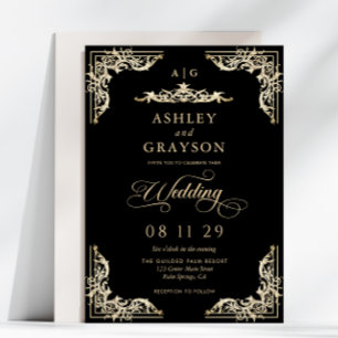Convites Casamento Vintage Barroco Dourado e Preto