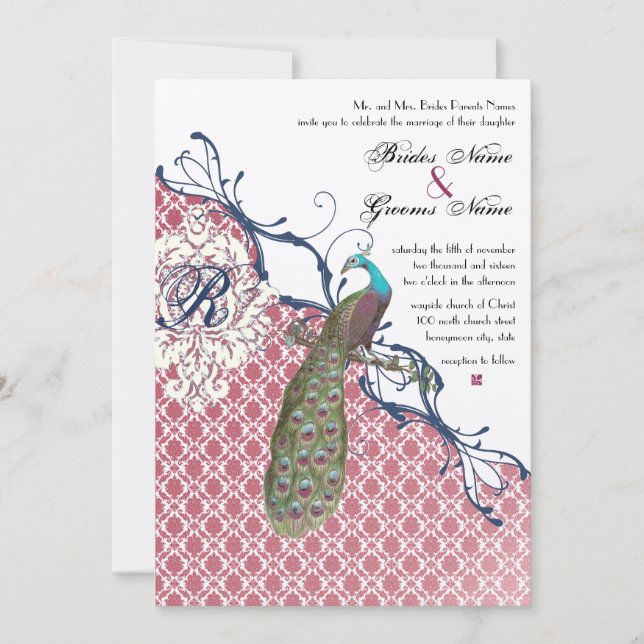 Convites Casamento Vintage Birds Navy Deep Raspberry Damask (Frente)