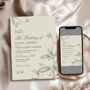 Convites Casamento vintage botânico em verde sage primavera