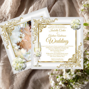 Convites Casamento Vintage Branco Champanhe Ouro Pérola Fot