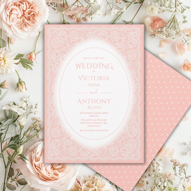 Convites Casamento Vintage Branco com Renda e Pêssego (Criador carregado)