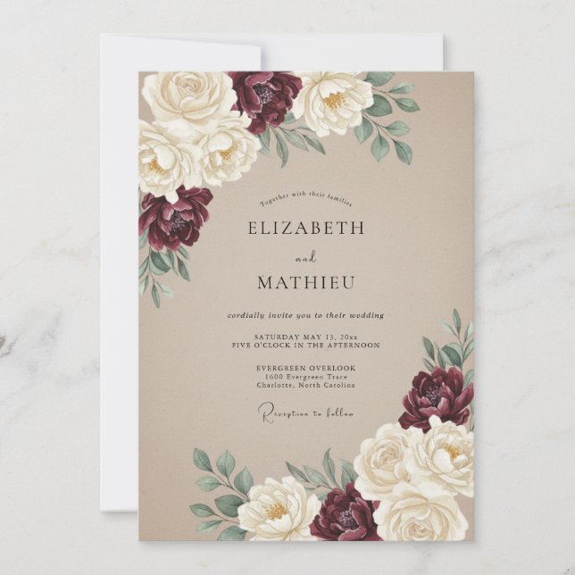 Convites Casamento Vintage Burgundy Distinto (Frente)