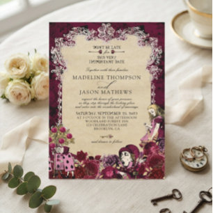 Convites Casamento Vintage Burgundy Dourado Alice no País d