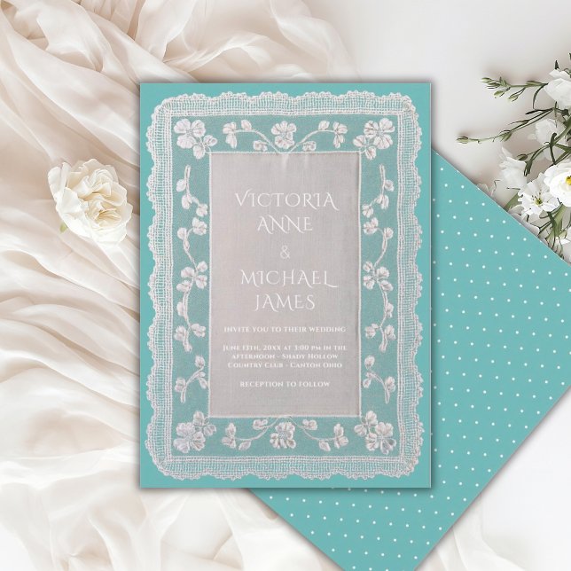 Convites Casamento Vintage Caprichoso com Renda Azul-Cinza  (Criador carregado)
