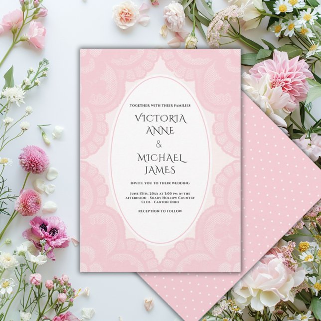 Convites Casamento Vintage Caprichoso com Renda Rosa (Criador carregado)