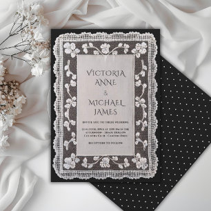 Convites Casamento Vintage Caprichoso de Renda Preta