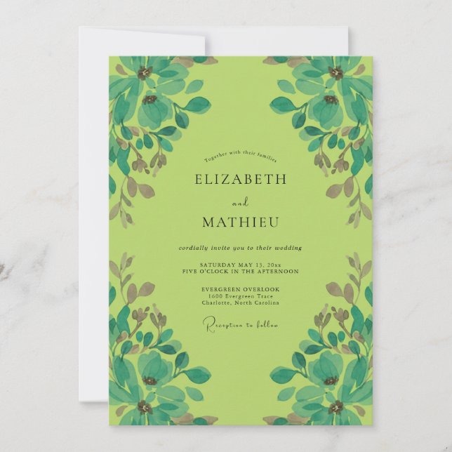 Convites Casamento Vintage Chartreuse Aqua Folhagem (Frente)