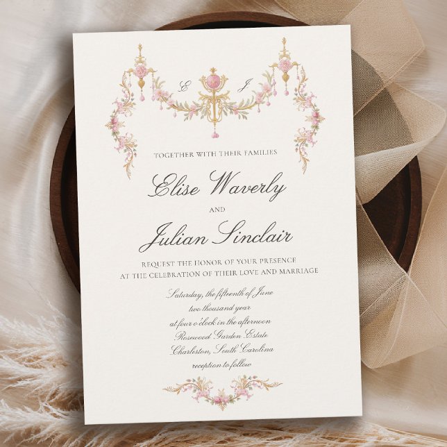 Convites Casamento Vintage Chateau Garden Regency Soft Blus (regency romance vintage chateau garden wedding blush pink gold floral invitation)
