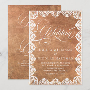 Convites Casamento Vintage Cobre Marfim com Renda Tudo em U