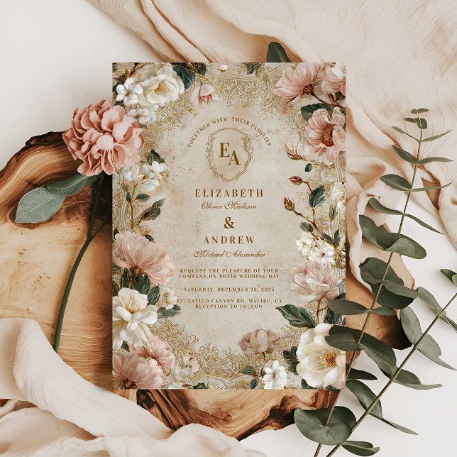 Convites Casamento Vintage Cream Floral Country (Criador carregado)