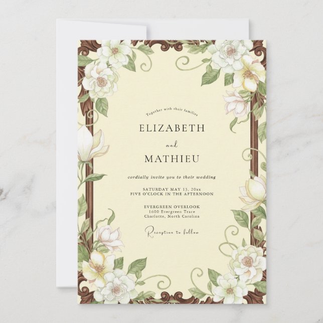 Convites Casamento Vintage Cream Magnolia (Frente)
