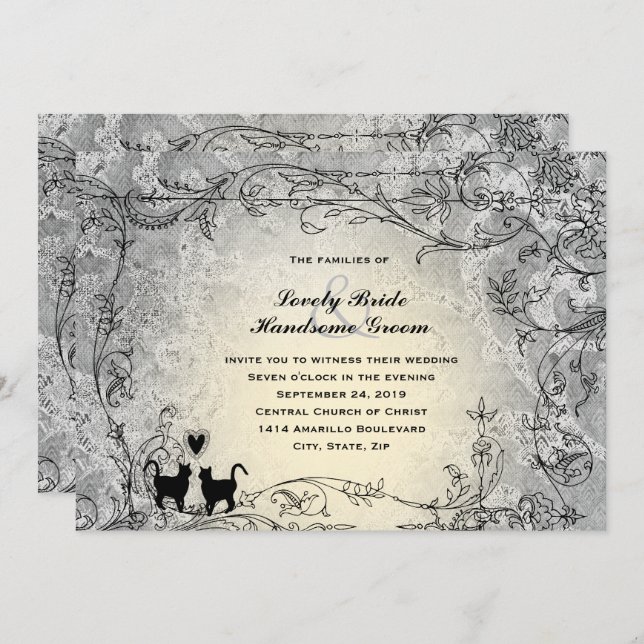Convites Casamento vintage de Ornamentado de Cat Lovers Cin (Frente/Verso)