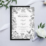 Convites Casamento vintage de Toile Preto e Branco<br><div class="desc">O elegante design preto e branco de várias flores, borboletas e pássaros rodeia as fontes e a tipografia perfeitas para este adorável convite ao casamento. Um belo lado negro e coordenador do reverso para acentuar o lindo design de toile adiciona à elegância deste convite. O convite perfeito para qualquer casamento....</div>