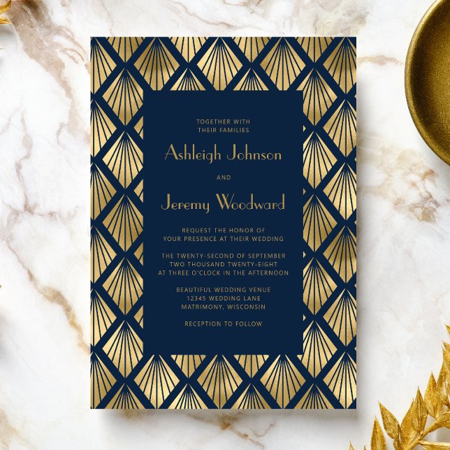 Convites Casamento Vintage Deco Ventoinhas Dourado Azul Mar (An ideal choice for a 1920s vintage themed wedding with a navy blue and gold color palette.)
