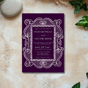 Convites Casamento Vintage Deep Plum e Renda Branca Old Mon