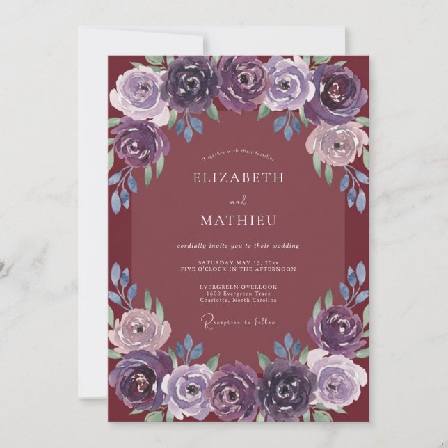 Convites Casamento Vintage Deep Plum Peony (Frente)