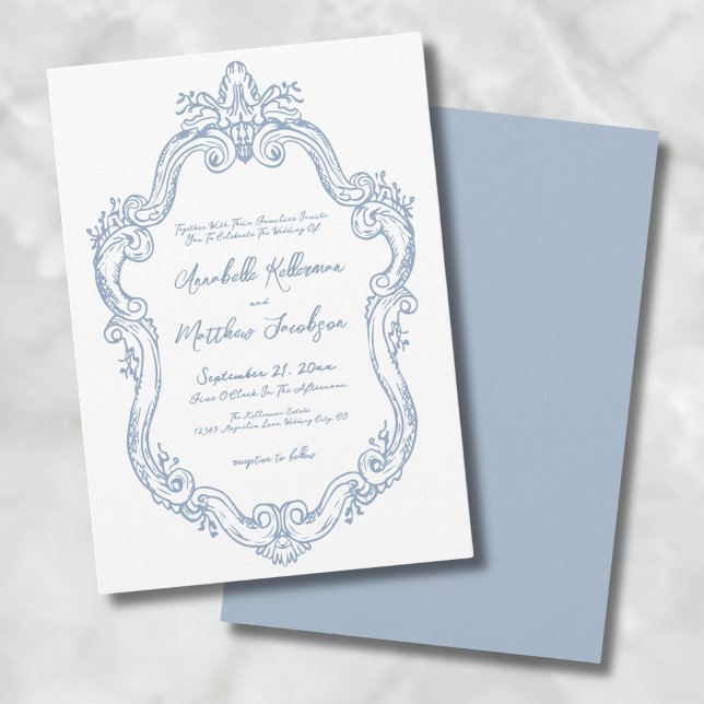Convites Casamento vintage Elegante Azul Dusty (Dusty Blue Elegant Ornate Vintage Wedding Invitation)