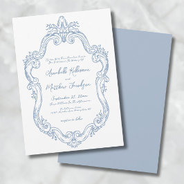 Convites Casamento Vintage Elegante Ornamentado Azul Empoei
