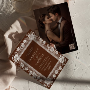 Convites Casamento Vintage em Marrom Chocolate com Renda Ol