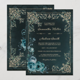 Convites Casamento Vintage Esmeralda Verde e Dourado