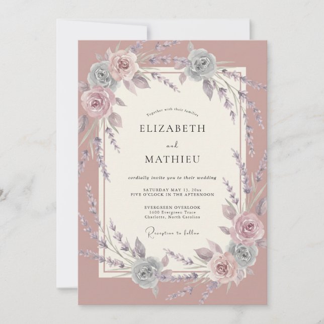 Convites Casamento Vintage Esplêndido Rosa Empoeirada (Frente)