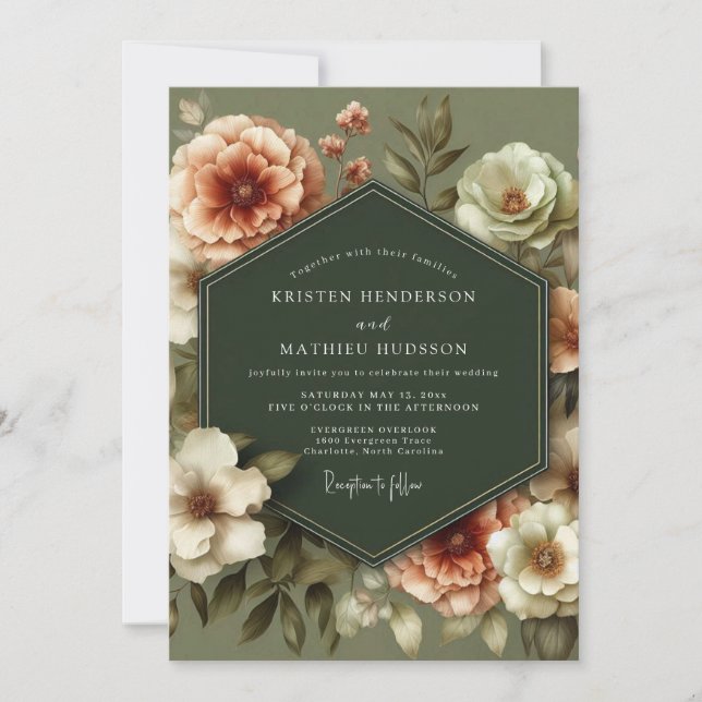 Convites Casamento Vintage Flor de Oliva Verde (Frente)