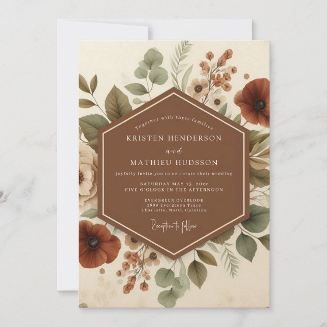 Convites Casamento Vintage Flora Terracota (Frente)