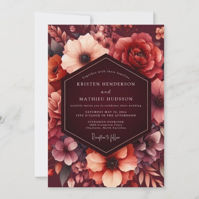 Convites Casamento Vintage Floral Borgonha (Frente)