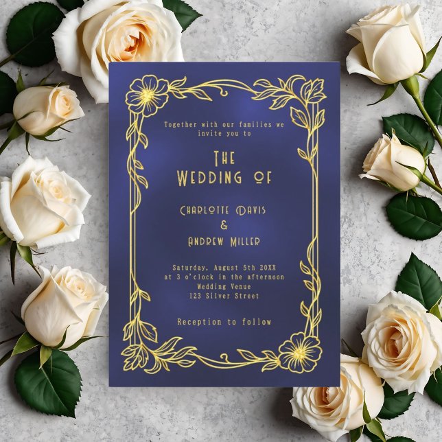 Convites Casamento vintage floral em ouro azul (Criador carregado)
