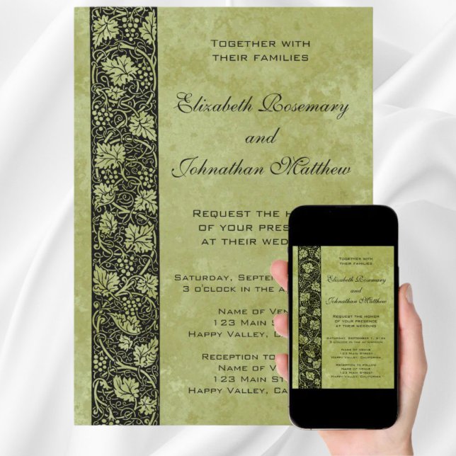 Convites Casamento Vintage, Folhas de Videira Vitorianas (Vintage Wedding, Victorian Grape Vine Leaves Easy to Customize and Download Wedding Invitation)
