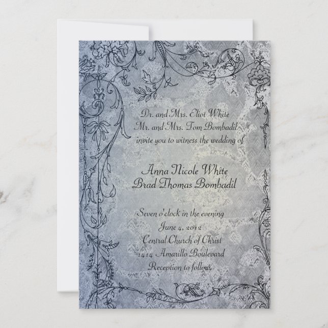 Convites Casamento vintage gasto azul extravagante do (Frente)