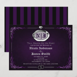 Convites Casamento Vintage Gótico de Halloween Prata e Roxo