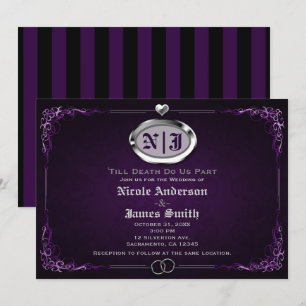 Convites Casamento Vintage Gótico de Halloween Prata e Roxo