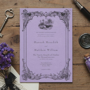 Convites Casamento Vintage Gótico Preto Toile Roxo Caveira