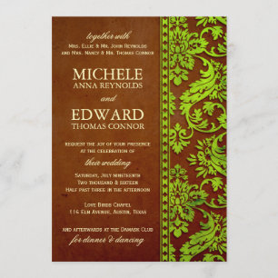 Convites Casamento Vintage Green & Brown Damask Lace