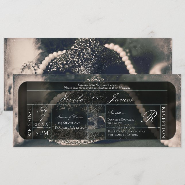 Convites Casamento Vintage Máscara e Pérolas (Frente/Verso)