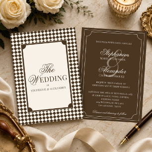 Convites Casamento Vintage Mocha Marrom Xadrez Old Money